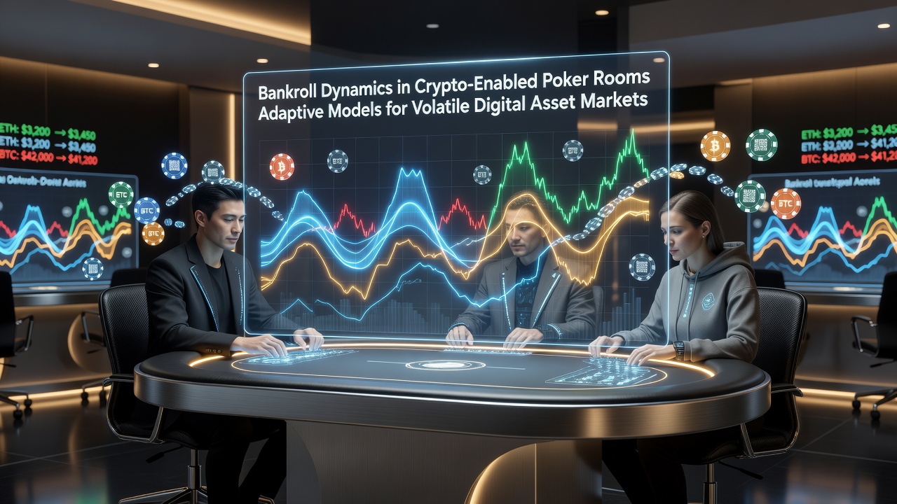 Illustratie van bankroll dynamiek in crypto pokerrooms met digitale asset fluctuaties