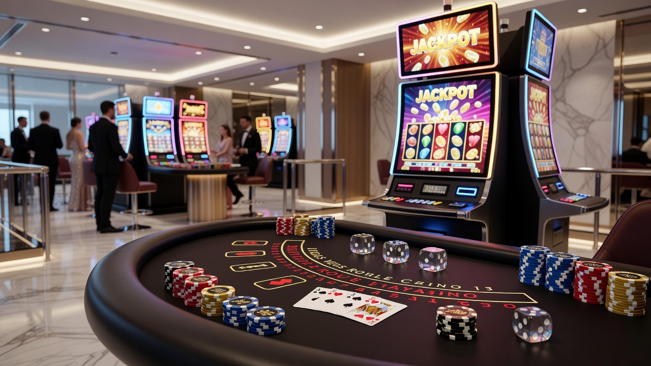 Overzicht van verschillende casino spellen zoals blackjack en roulette aan tafels in een fysiek casino
