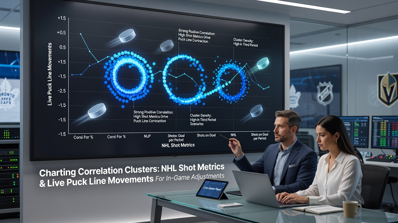 Visualisatie van correlatieclusters tussen NHL-schotmetrics en puckline-bewegingen