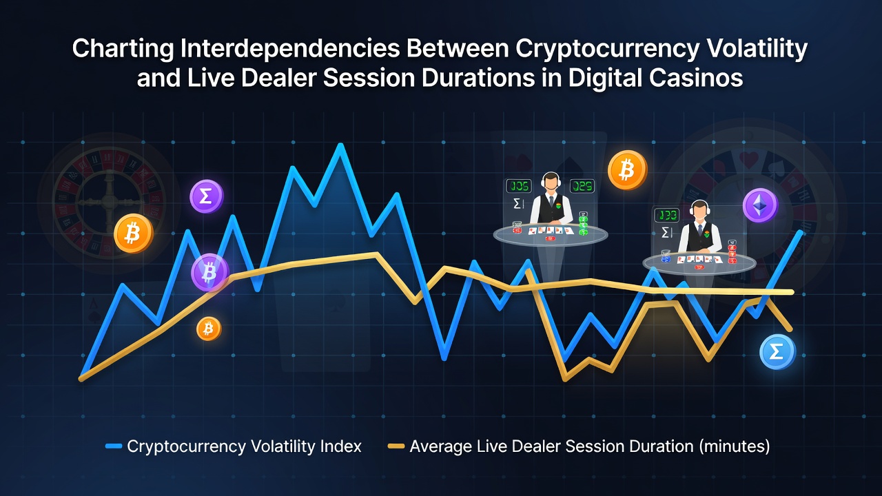Grafiek die cryptocurrency volatiliteit koppelt aan live dealer sessieduren in digitale casino's
