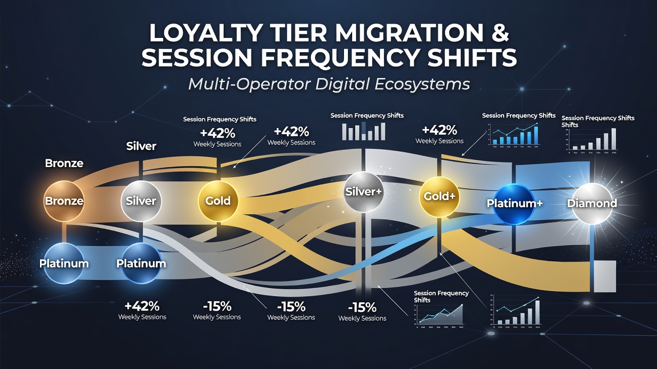Diagram dat migratie tussen loyaliteitstiers toont in relatie tot sessiefrequentie in digitale platforms
