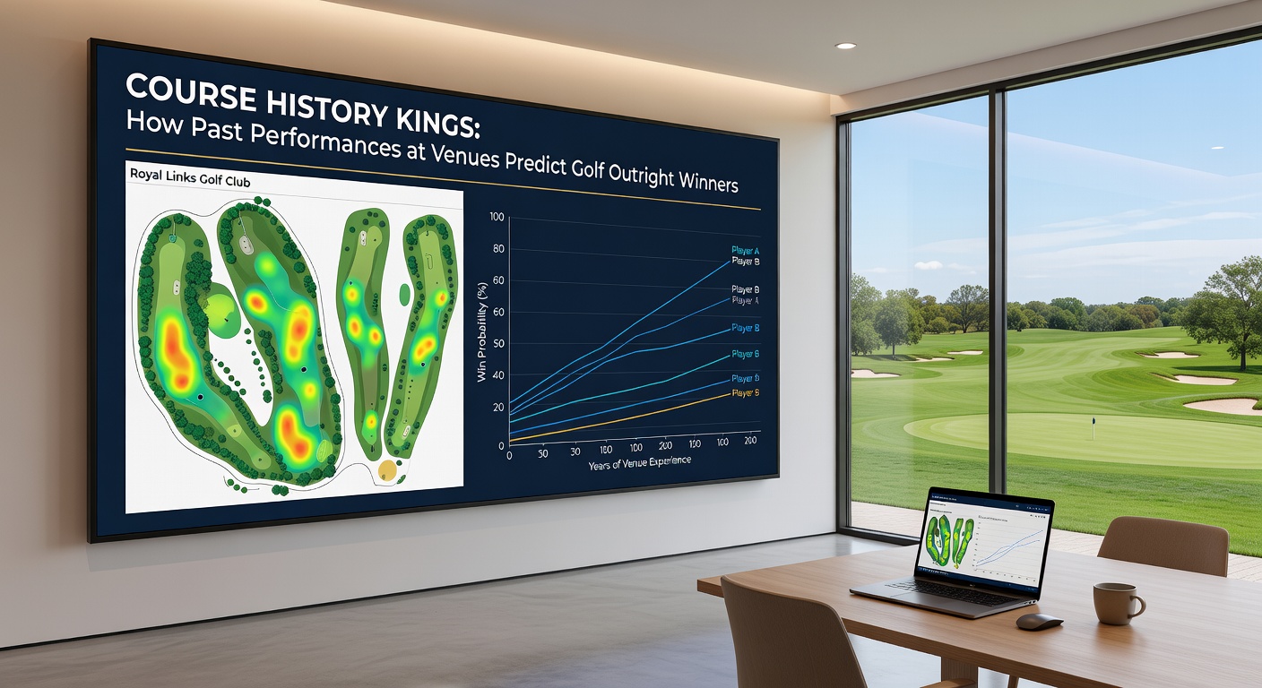 Overzicht van een golfbaan met grafieken van spelersprestaties over meerdere jaren, highlightend repeat successen