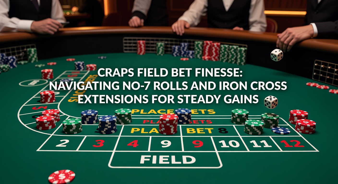Craps tafel met field bet sectie uitgelicht, dobbelstenen rollen naar een winnende field combinatie