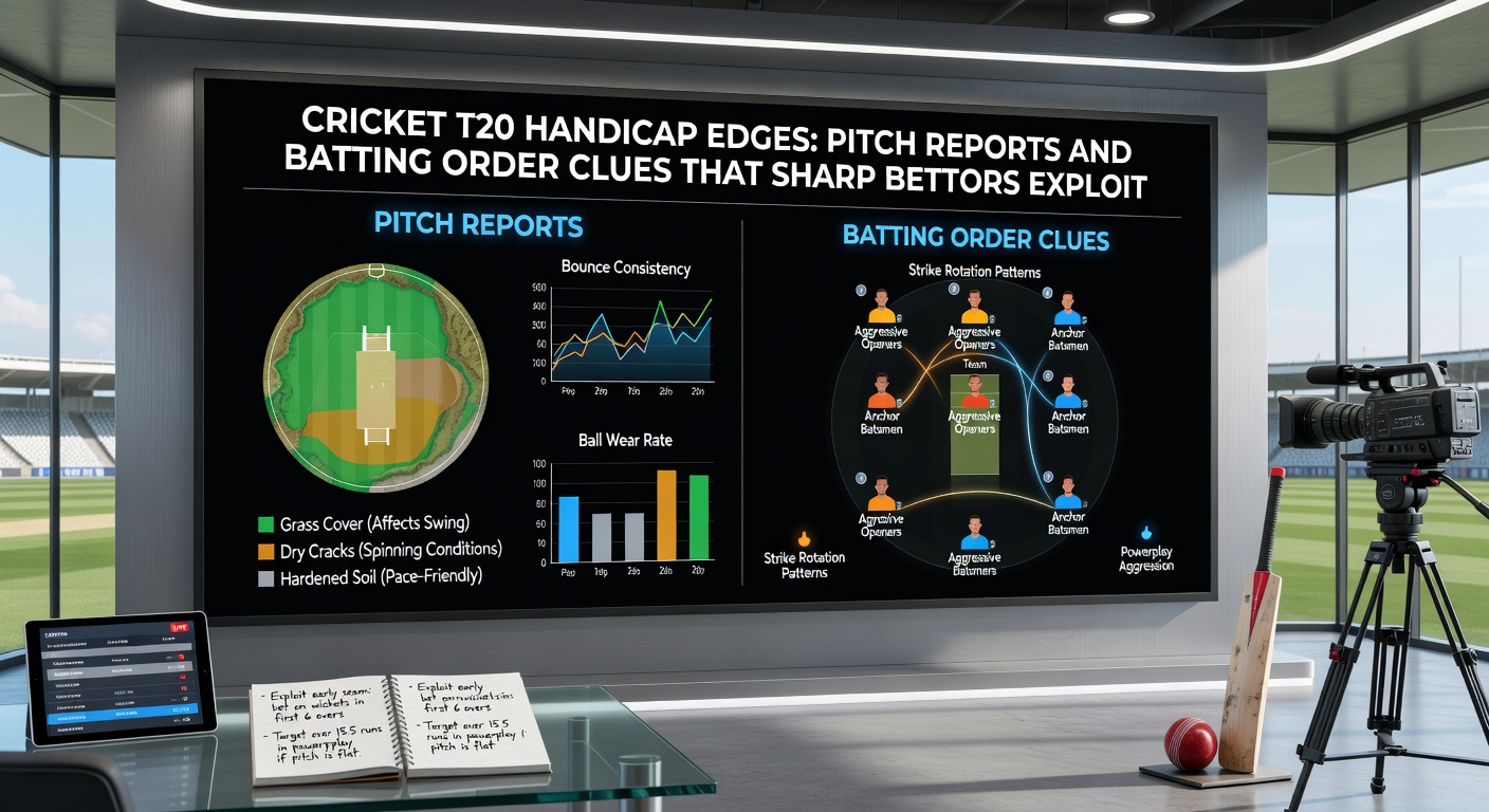 Close-up van een cricketpitch met batting order bord op de achtergrond, illustrerend hoe lijnopstellingen weddenschappen beïnvloeden tijdens een T20 duel