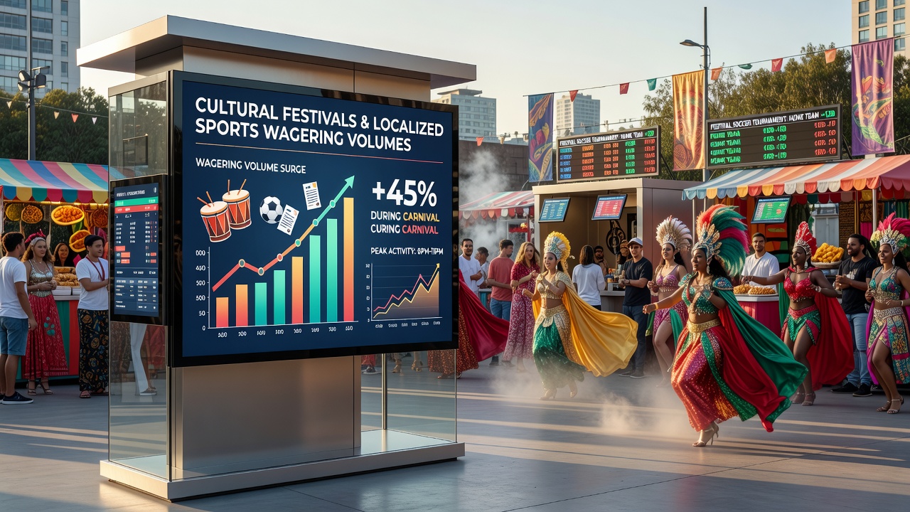 Druk festivalterrein met sportweddenschapsborden en bezoekers