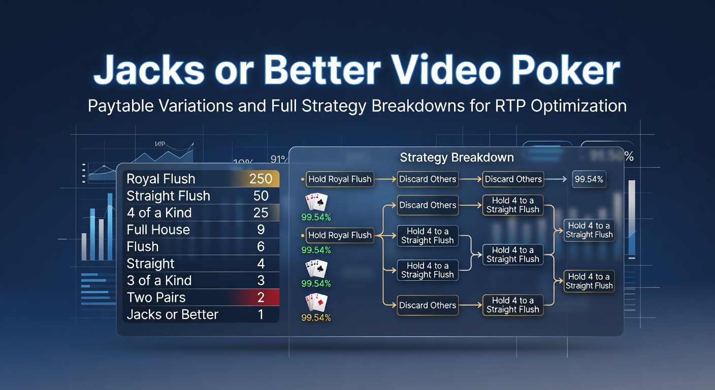 Video poker scherm met Jacks or Better paytable, kaarten en uitbetalingstabel zichtbaar voor strategie-analyse