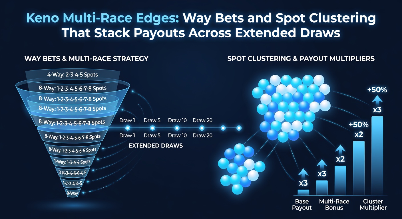 Voorbeeld van spot clustering in Keno way bets over multi-race draws, met geclusterde hits die uitbetalingen stapelen