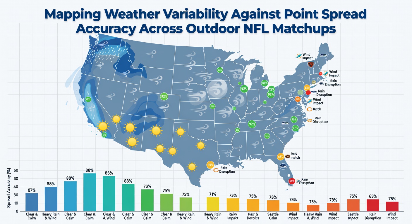 Grafiek die spread-nauwkeurigheid vergelijkt met windsnelheid en temperatuur tijdens NFL-wedstrijden