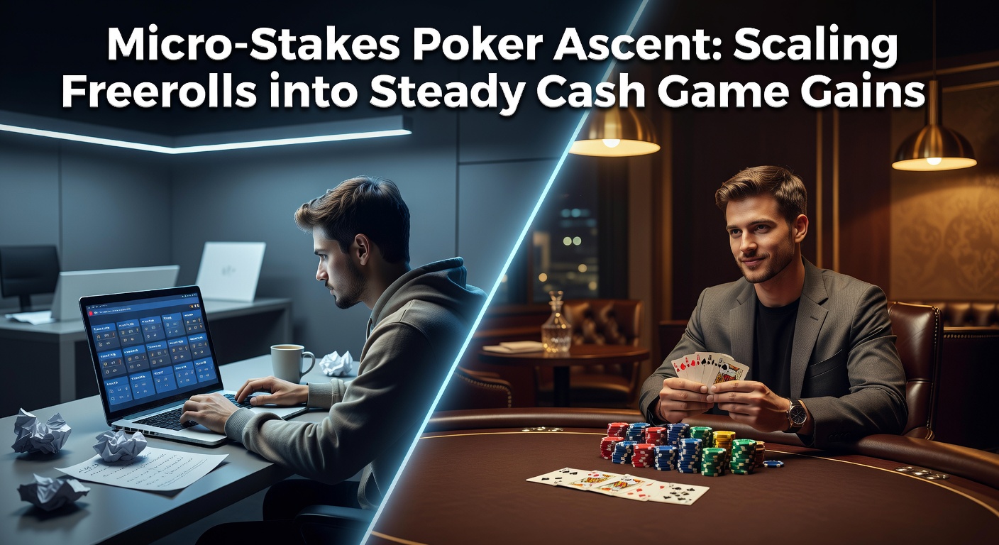 Speler aan een online poker tafel met micro-stakes chips en een focus op freerolls en cash games