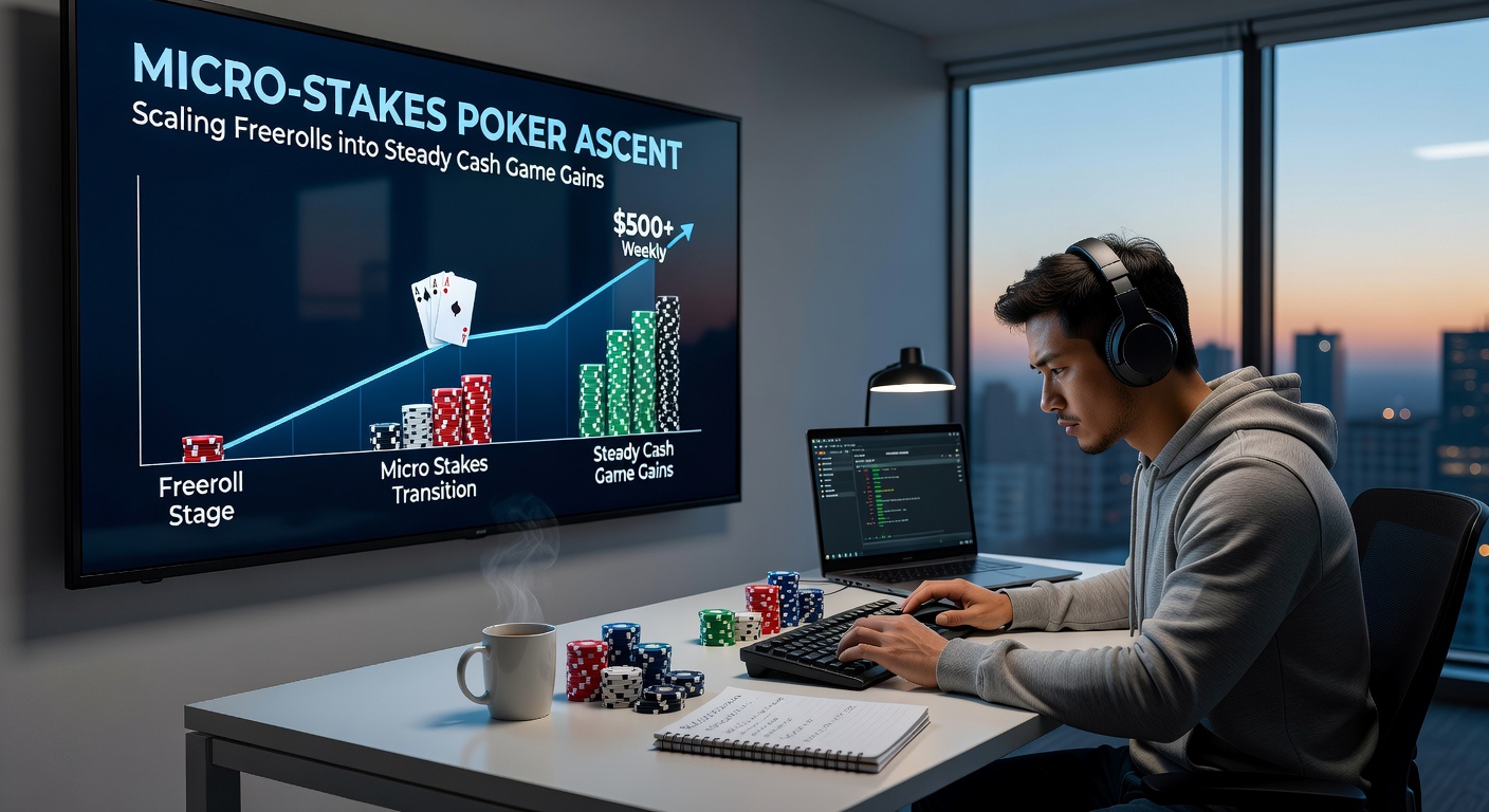 Grafiek met opwaartse lijn van freerolls naar cash game bankrollgroei in micro-stakes poker