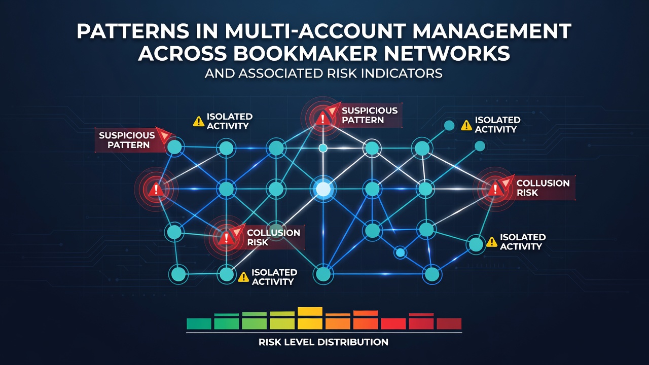 Illustratie van verbonden accounts binnen bookmaker netwerken met risicopunten gemarkeerd