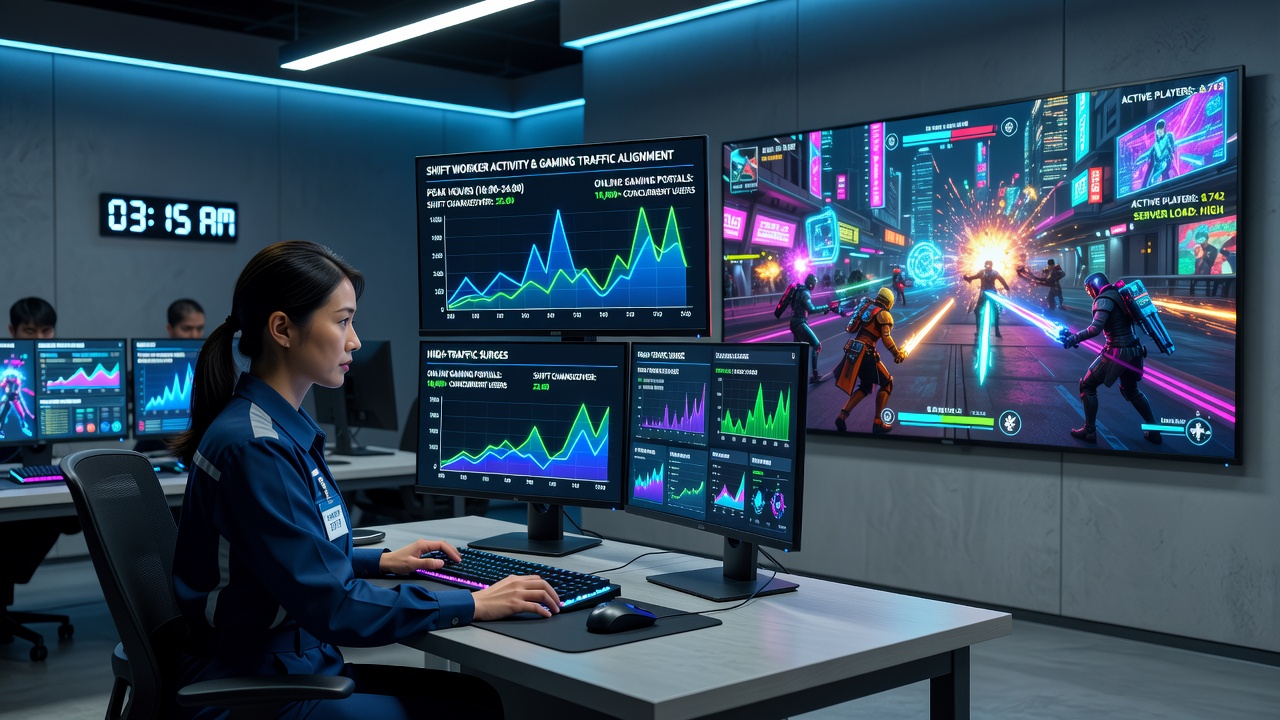 Grafiek die toont hoe ploegendienstpatronen overlappen met piekuren op online gaming sites gedurende een gemiddelde week