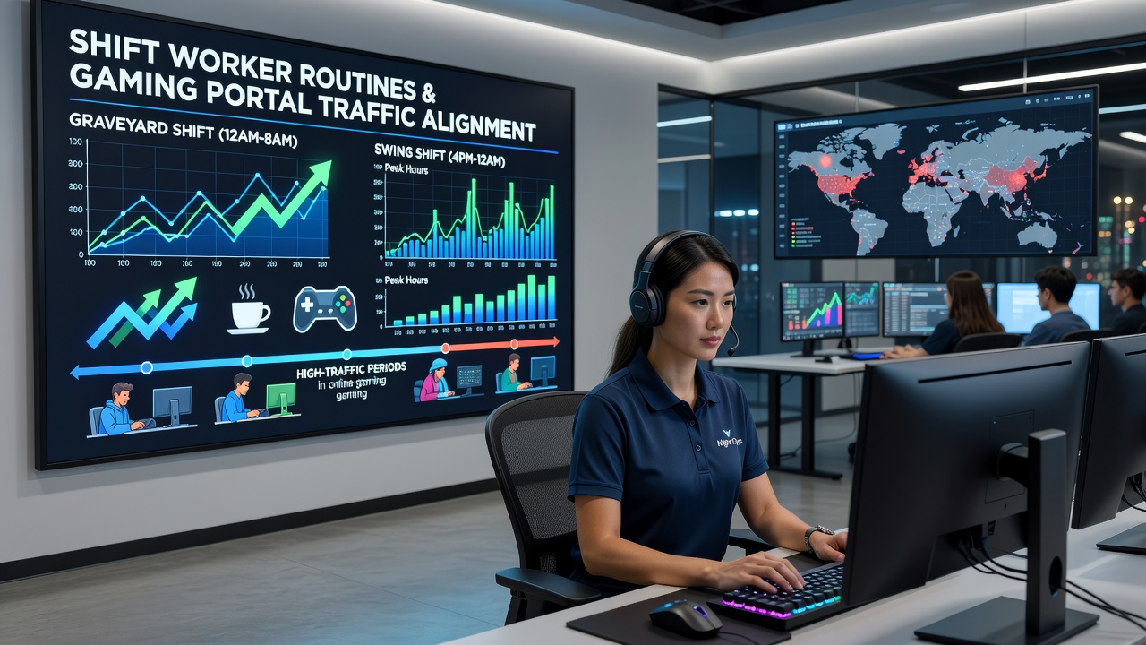 Illustratie van een typische 24-uurs grafiek met overlapping tussen nachtdiensten en piekverkeer op gaming portals