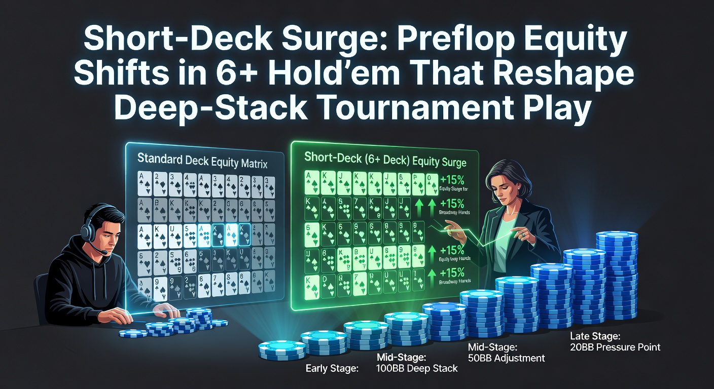 Grafiek met preflop equity-vergelijkingen tussen standaard Hold'em en 6+ Short-Deck, highlightend verschuivingen voor top handen zoals AA en suited connectors