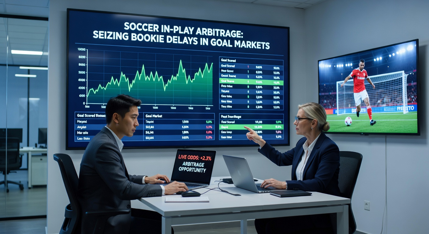 Grafiek met oddsverschillen in real-time tijdens een voetbalwedstrijd, illustrerend arbitragekansen op doel-over/under