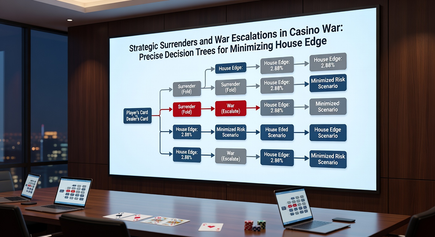 Visuele representatie van een war-escalatie decision tree in Casino War, met aftakkende paden voor raise, fold en call gebaseerd op dealer upcard