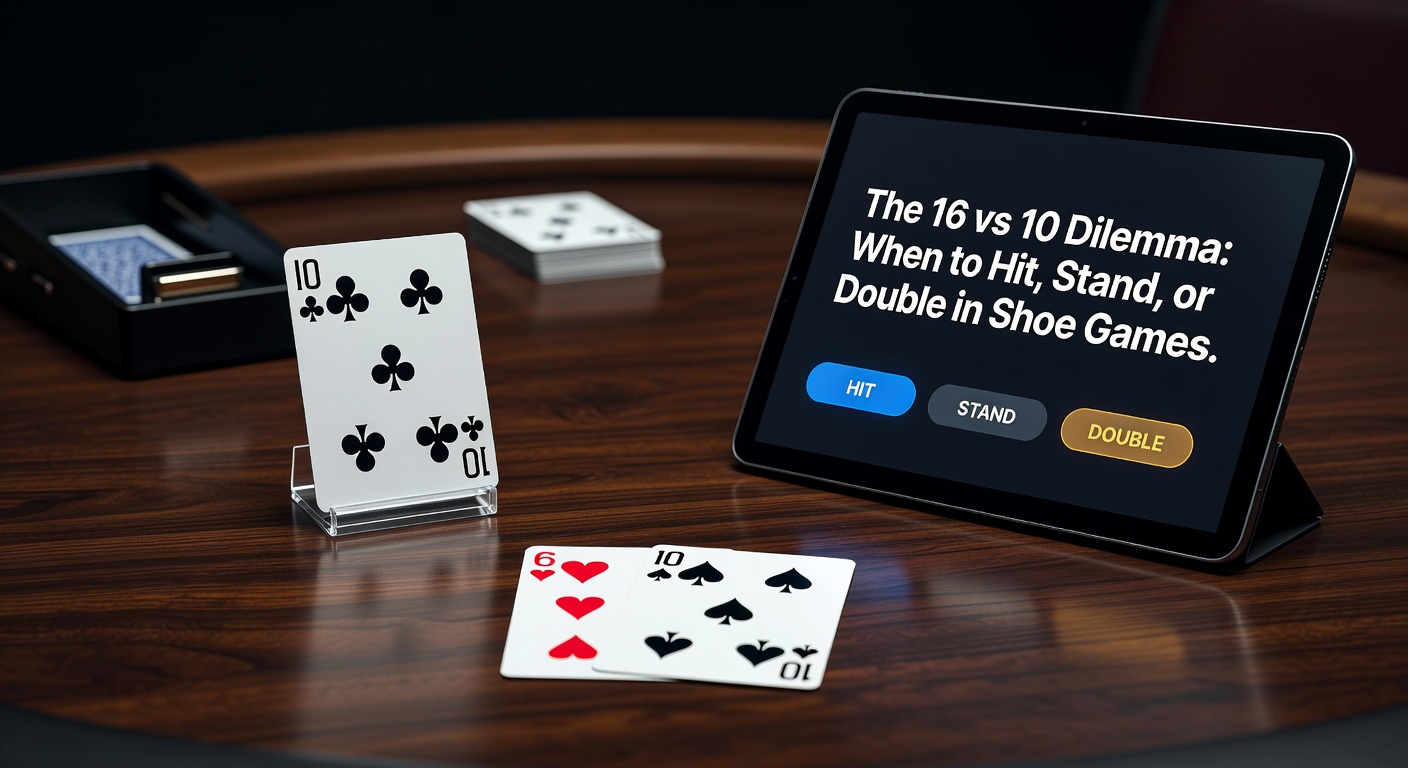 Blackjack tafel met schoen spel en dealer die een 10 toont tegenover spelershand van 16