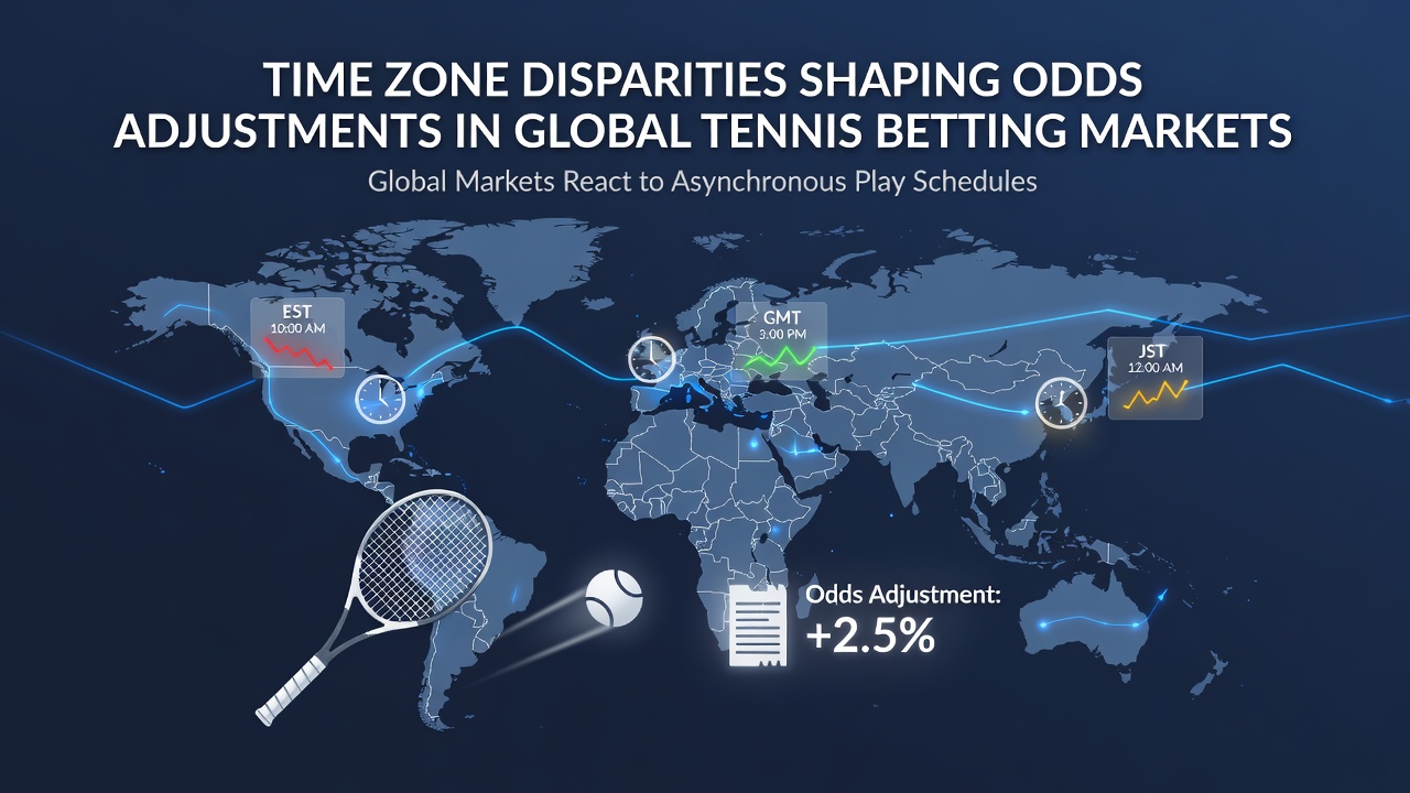 Grafiek die tijdzone-effecten op tennisodds illustreert met wereldkaarten en bookmaker data