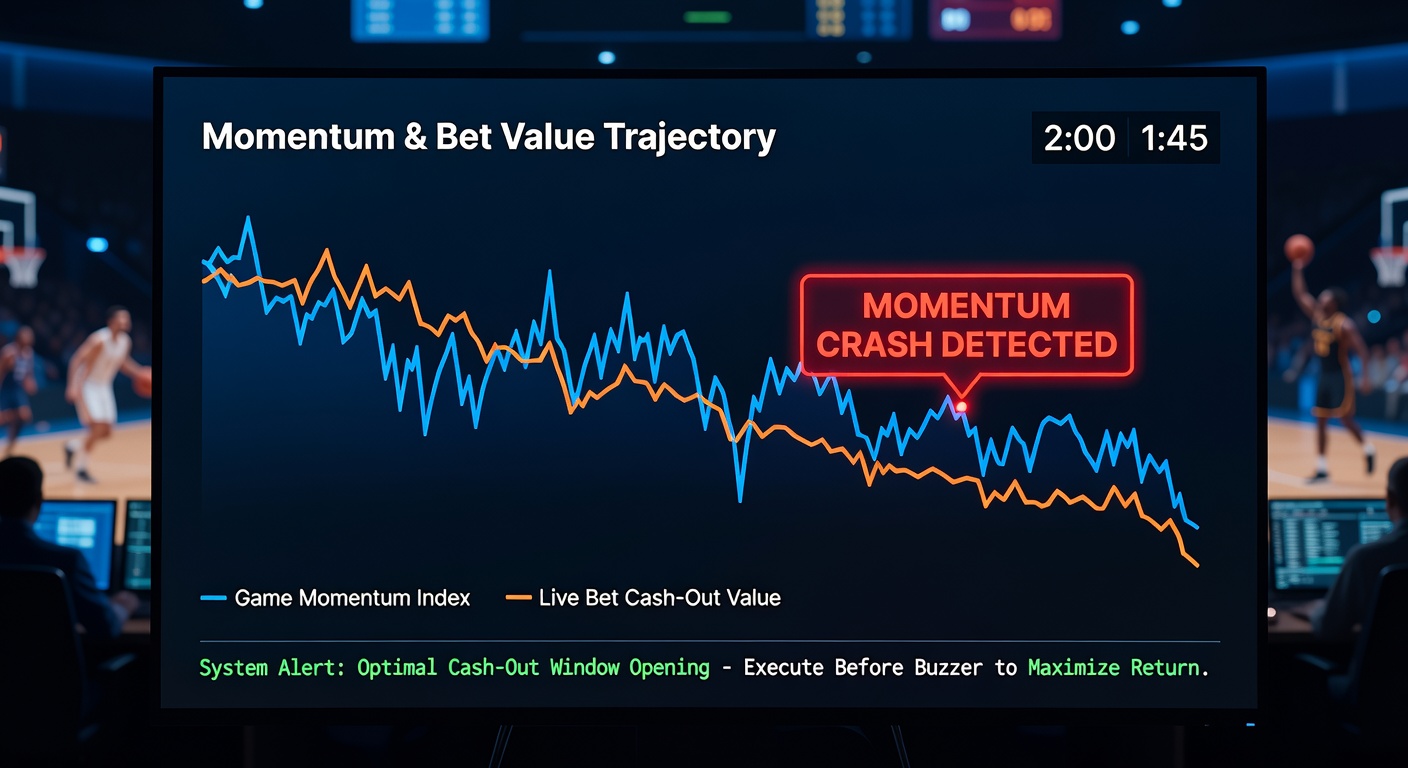 Grafiek met live odds grafiek en momentum shift indicatoren tijdens een NBA quarter
