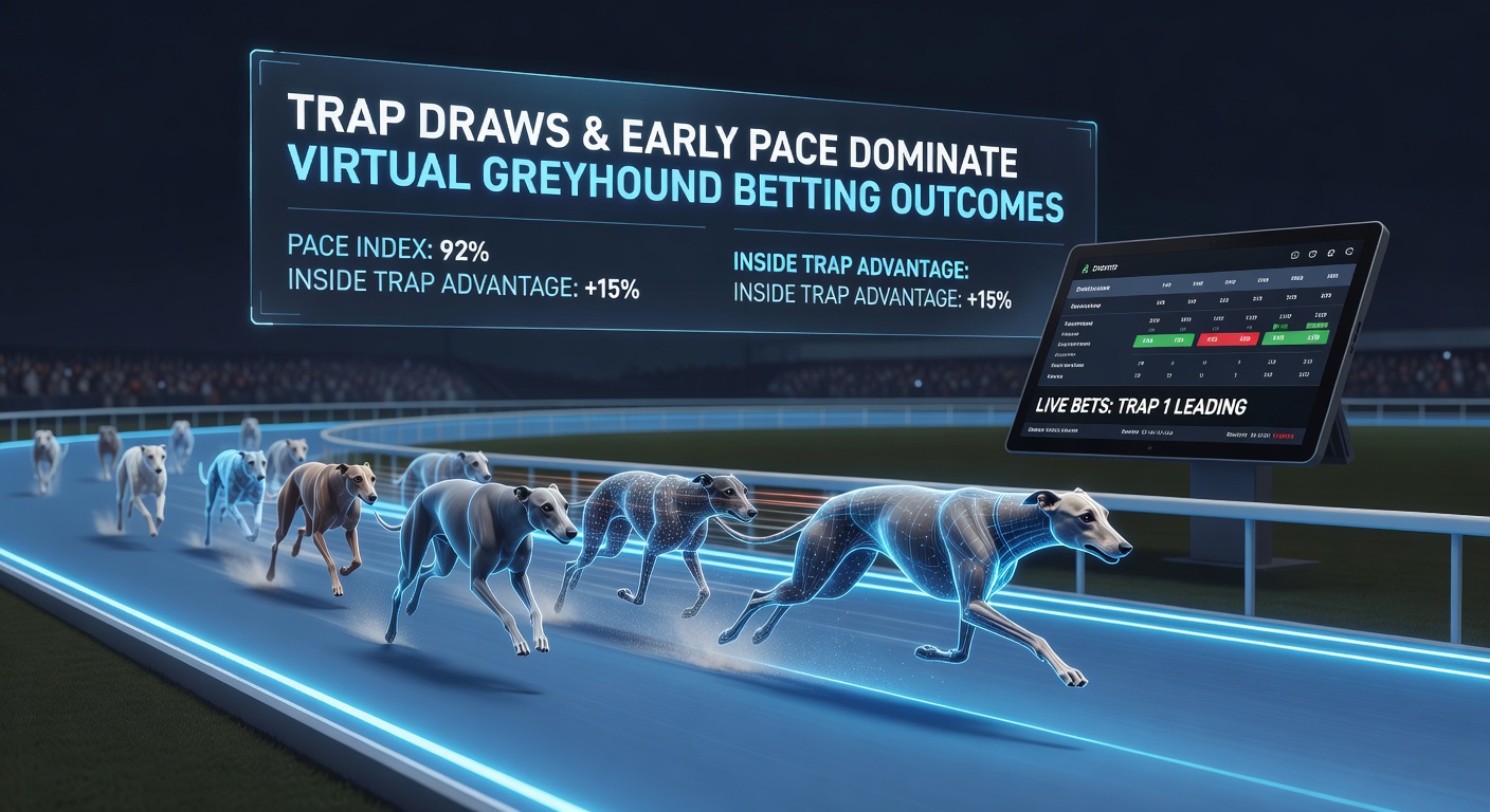 Grafiek met statistieken over trap draws en pace dominantie in virtuele greyhound races
