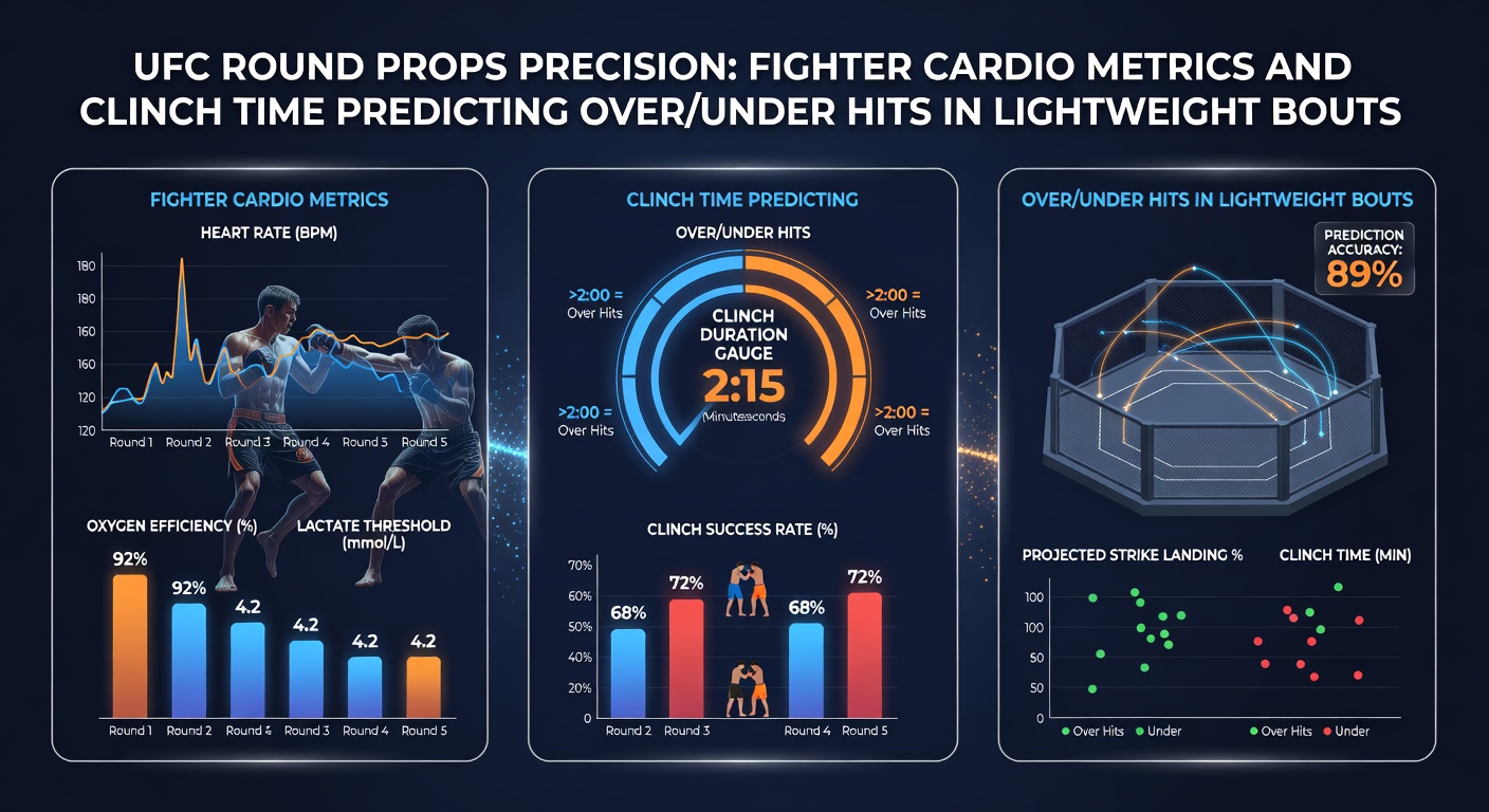 UFC-vechters in een intens lightweight gevecht, met focus op clinch-werk en cardio-uitputting tijdens latere rondes