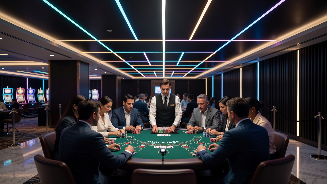Live blackjack tafel met zichtbare verlichting en akoestische elementen in een casino zaal