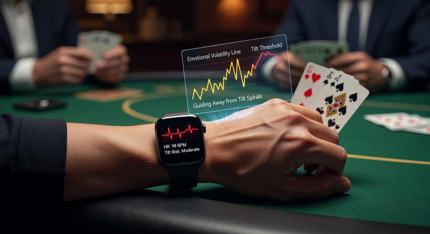 Een pokerspeler met een smartwatch die hartslag monitort tijdens een intense sessie aan de tafel