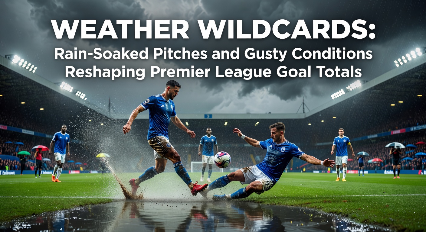 Een doorregen voetbalveld tijdens een Premier League-wedstrijd, met spelers worstelend in natte omstandigheden